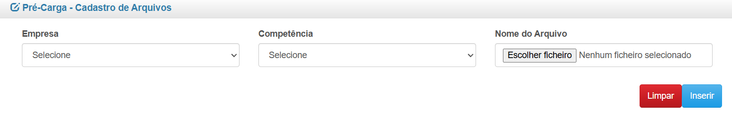 Tela do sistema Pré-Carga com campos para seleção de empresa, competência, envio de arquivo .txt e orientações para preenchimento do arquivo