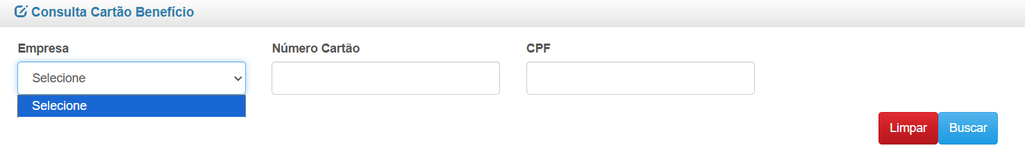 Tela de filtro - Consulta Cartão Benefício