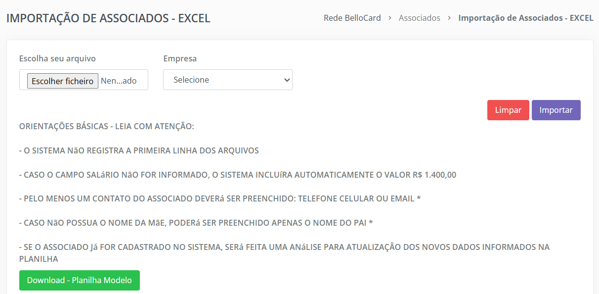 Tela de Importação de Associados