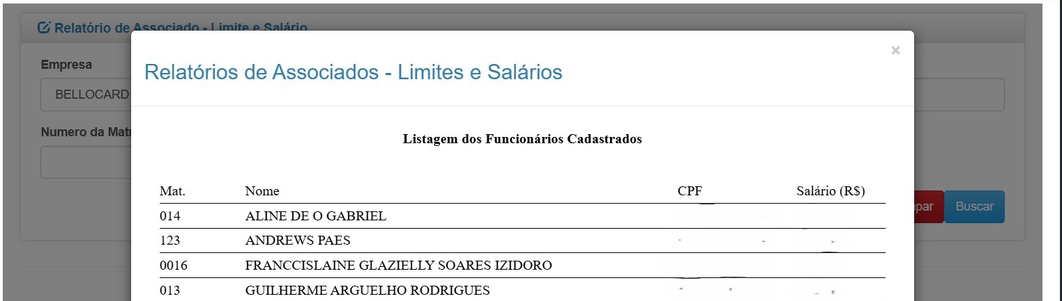 Exemplo da tabela do relatório de associados com limite e salário